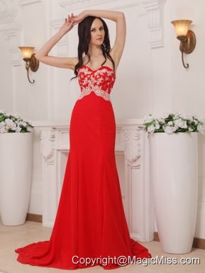 Red Column Sweetheart Brush Train Chiffon Appliques Prom / Pageant Dress