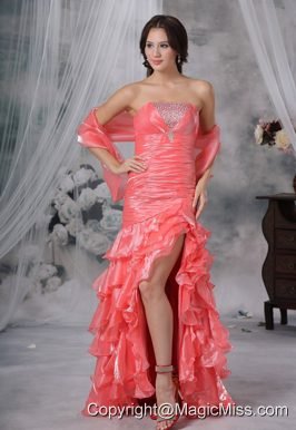 Ottumwa Iowa Beaded Decorate Bust Ruched Decorate Up Bodice Ruffles Watermelon Red High Slit Brush Train For 2013 Prom / Evening Dress