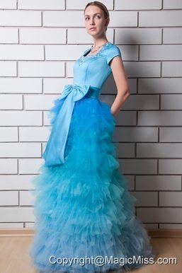 Aqua Blue Column Square Floor-length Organza and Taffeta Beading Prom Dress