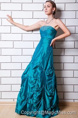 Teal A-line Strapless Floor-length Taffeta Beading Prom Dress