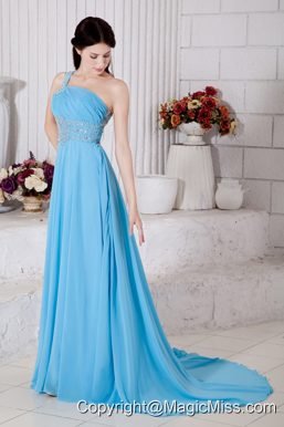 Aqua Blue Empire One Shoulder Prom Dress Chiffon Beading Brush Train