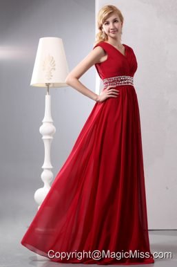 Modest Wine Red Empire V-neck Plus Size Prom Dress Floor-length Chiffon Beading