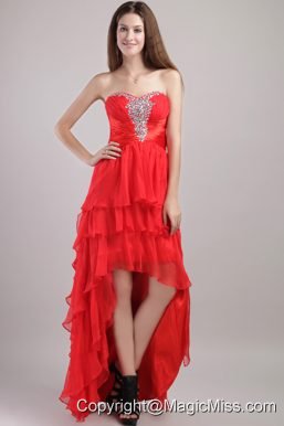 Red Empire Sweetheart High-low Organza Beading Prom Dress