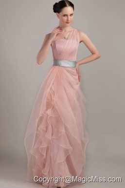 Champagne Column/Sheath One Shoulder Floor-length Organza Ruffles Prom Dress