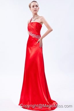 Red Column One Shoulder Prom Dress Taffeta Beading and Ruch Brush Train