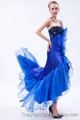 Royal Blue Mermaid Strapless High-low Prom Dress Organza Appliques