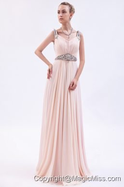 Pink Empire Straps Prom Dress Chiffon Beading Brush Train