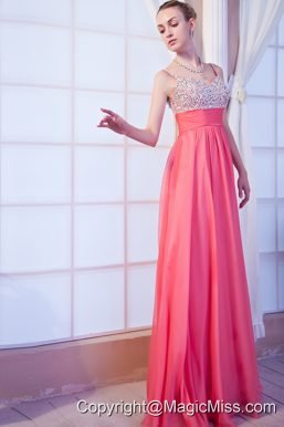 Hot Pink Empire Straps Brush Train Chiffon Beading Prom Dress