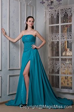Teal A-line Strapless Court Train Chiffon and Elastic Woven Satin Beading Evening Dress