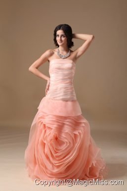 Customize Watermelon Red A-line Strapless Wedding Dress Organza Hand Made Flower Brush Train