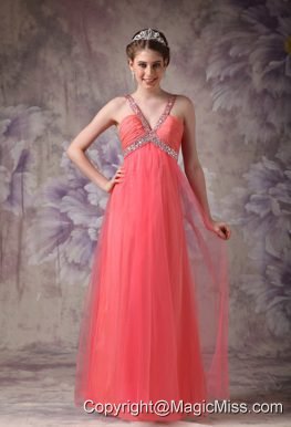 Watemelon Empire V-neck Floor-length Tulle Beading Prom / Evening Dress