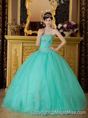 Turquoise Ball Gown Strapless Floor-length Organza Beading Quinceanera Dress