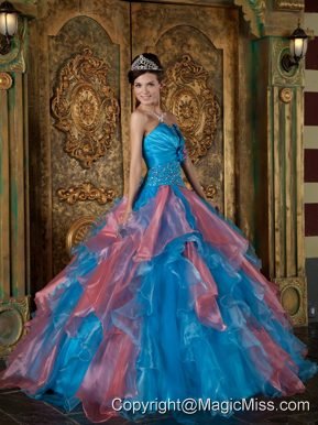 Blue Ball Gown Strapless Floor-length Organza Beading and Ruffles Quinceanera Dress