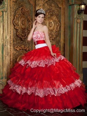 Red Ball Gown Strapless Floor-length Organza and Zebra Ruffles Quinceanera Dress