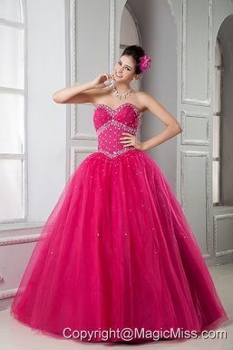 Hot Pink Ball Gown Sweetheart Floor-length Tulle Beading Quinceanera Dresss