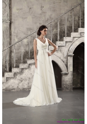 2015 Ruching and Beading White Wedding Dresses with Brush Train