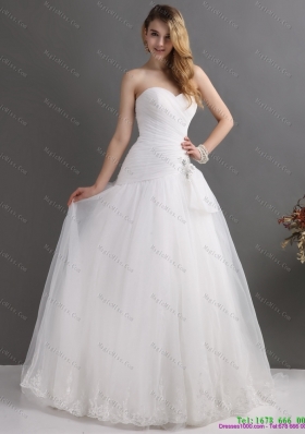 2015 White Sweetheart Lace and Ruching Bridal Gowns with Brush Train
