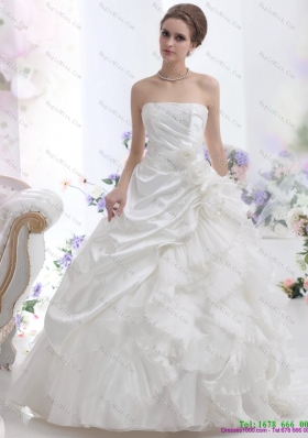 2015 White Strapless Ruffles wedding dress with Chapel Train and Hand Made Flower