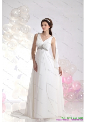 2015 Popular V Neck Wedding Dress with Beading and Ruching