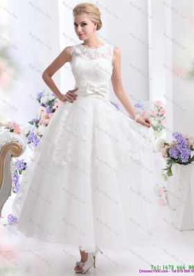 2015 Cute Scoop Ankle length Wedding Dresses with Lace and Bowknot