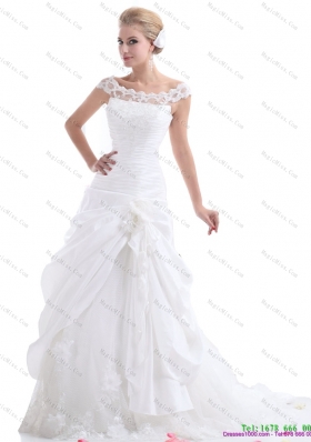 2015 Ruffled White Wedding Dresses with Brush Train and Hand Made Flower