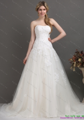 2015 Modest Strapless Brush Train Wedding Dress with Beading