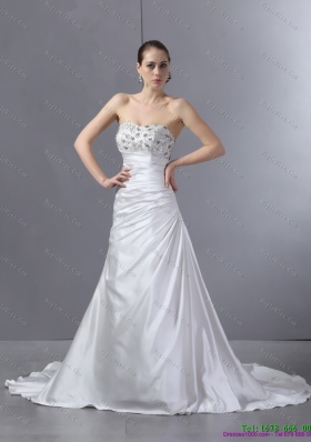 White Pleated Sequined Wedding Dresses with Court Train