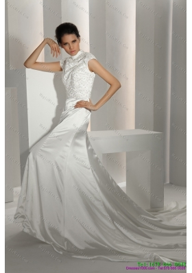 White High Neck Wedding Dresses with Cathedral Train and Beading