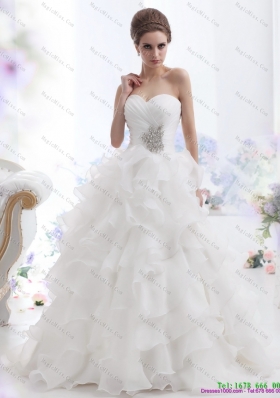Pretty Beading and Ruffled Layers Brush Train Wedding Dresses in White