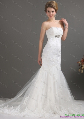 White Strapless Lace Wedding Dresses with Beading and Brush Train