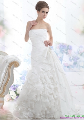 Pretty White Strapless Bridal Gowns with Ruffled Layers and Brush Train