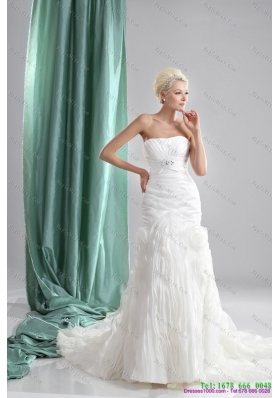 Pleated Sequined White Wedding Dresses with Chapel Train