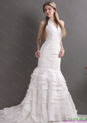 Unique White Halter Top Bridal Gowns with Ruffled Layers and Ruching