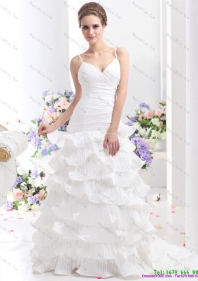 Unique Ruching White Wedding Dresses with Ruffled Layers and Brush Train