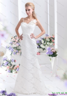 Discount White Column Lace Wedding Dresses with Brush Train and Hand Made Flower