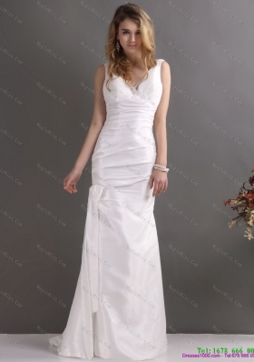 Perfect White V Neck Ruching Bridal Dresses with  Brush Train