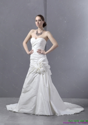 Ruffled Sweetheart Ruched White Wedding Dresses with Brush Train