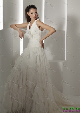 Ruffled Brush Train White Wedding Dresses with Hand Made Flower