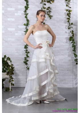 Detachable White Strapless Wedding Dresses with Brush Train and Bownot