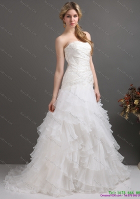 White Strapless Pleated Wedding Dresses with Ruffled Layers