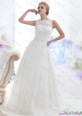 White High Neck Laced Wedding Dresses with Brush Train