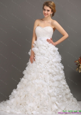 White Sweep Train Ruffled Wedding Dresses with Beading