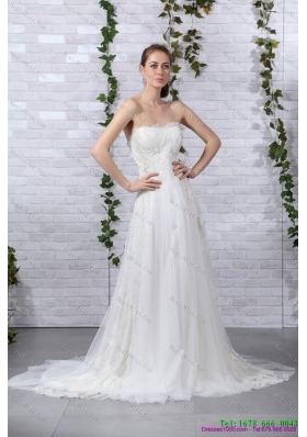 2015 Pretty Ruffled White Strapless Wedding Gowns with Brush Train