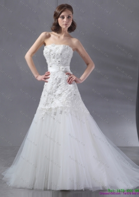 Popular White Strapless Wedding Dresses with Sequins and Brush Train