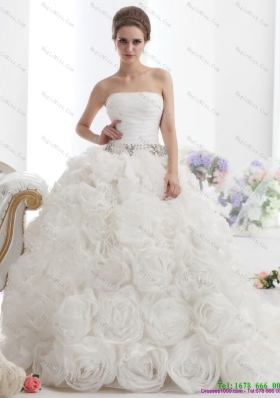 Popular White Strapless Wedding Dresses with Rolling Flowers and Chapel Train