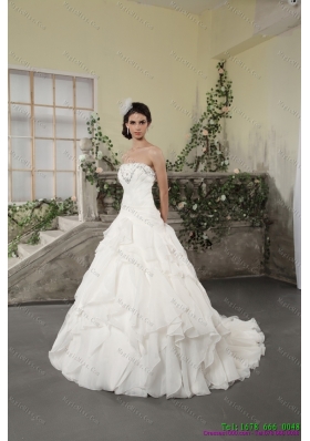 White Strapless Ruffled Wedding Dresses with Chapel Train and Beading