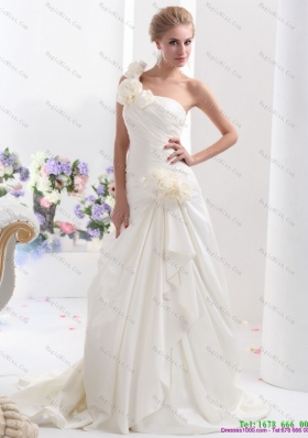 2015 Simple One Shoulder Wedding Dress with Hand Made Flowers