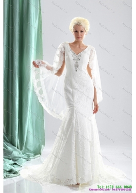 2015 Luxurious V Neck Wedding Dress with Lace and Appliques