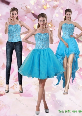 2015 Detachable Puffy Aqua Blue Strapless Short Prom Skirts with Beading