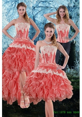 Inexpensive 2015 Detachable Appliques and Ruffles Strapless Prom skirts in Watermelon
